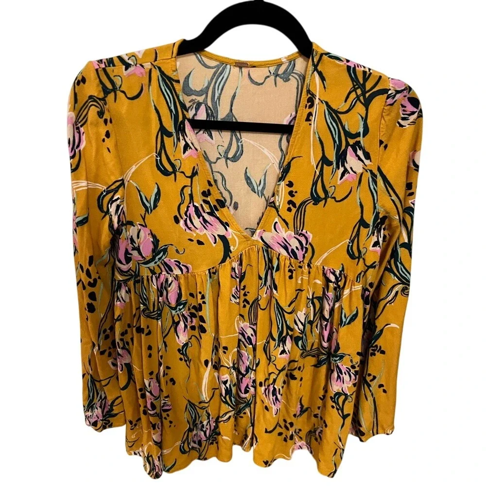 Free People Floral Tunic Top Long‎ Sleeve V Neck Babydoll Blouse Size X-Small